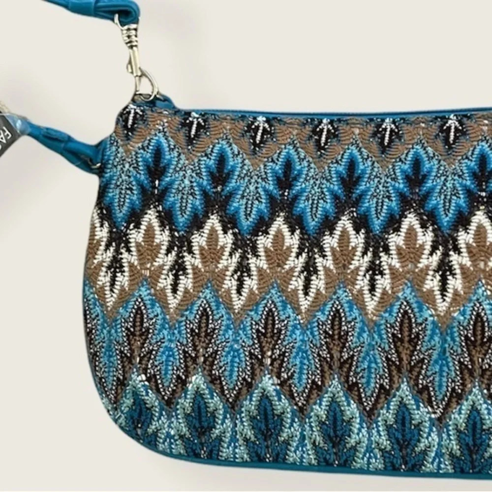 NWT 9” Small Shiny Beaded Look Day to‎ Night Clutch Bag in blue brown white tan
